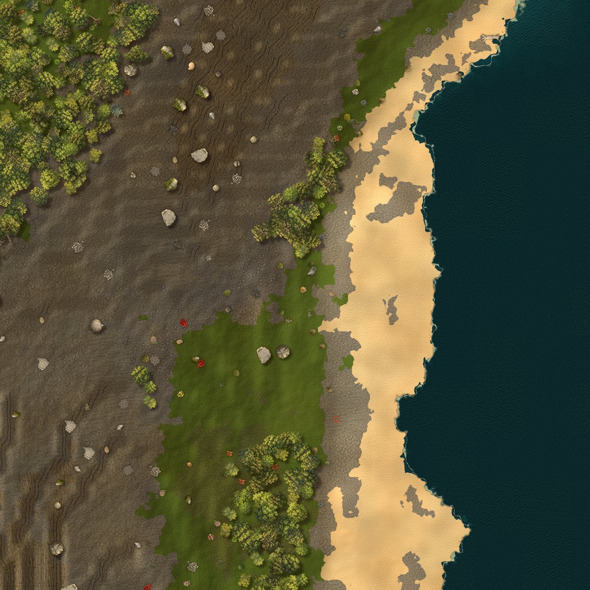 Sandy beach between grassland and dark sea