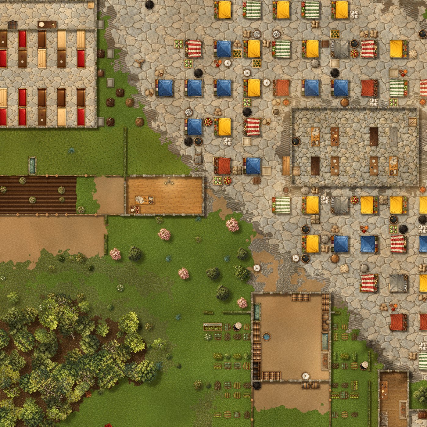 City market square with coloured stalls, cobbles and walled gardens