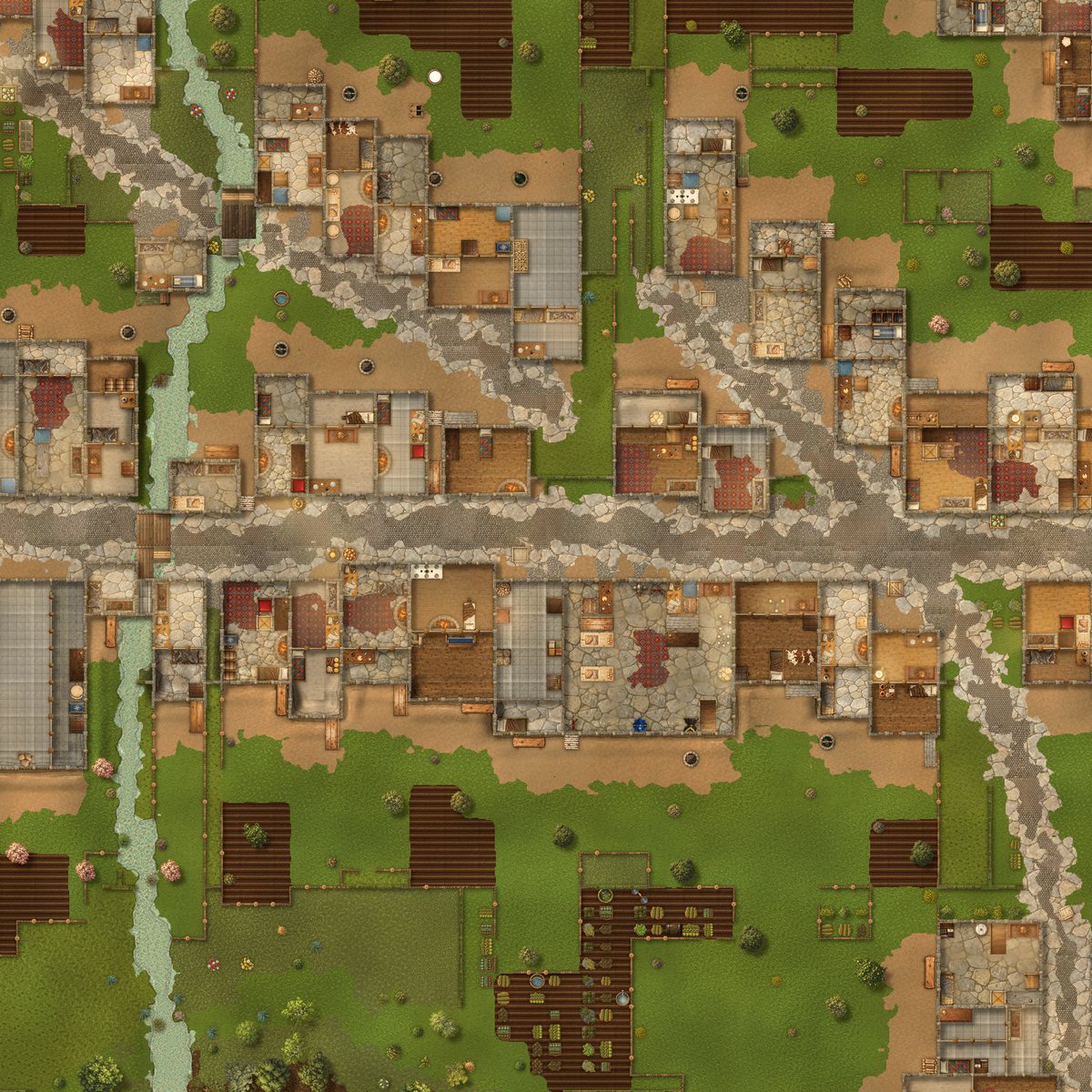 Tactical battle map of city streets: houses with furnished rooms, cobbled roads and a stream