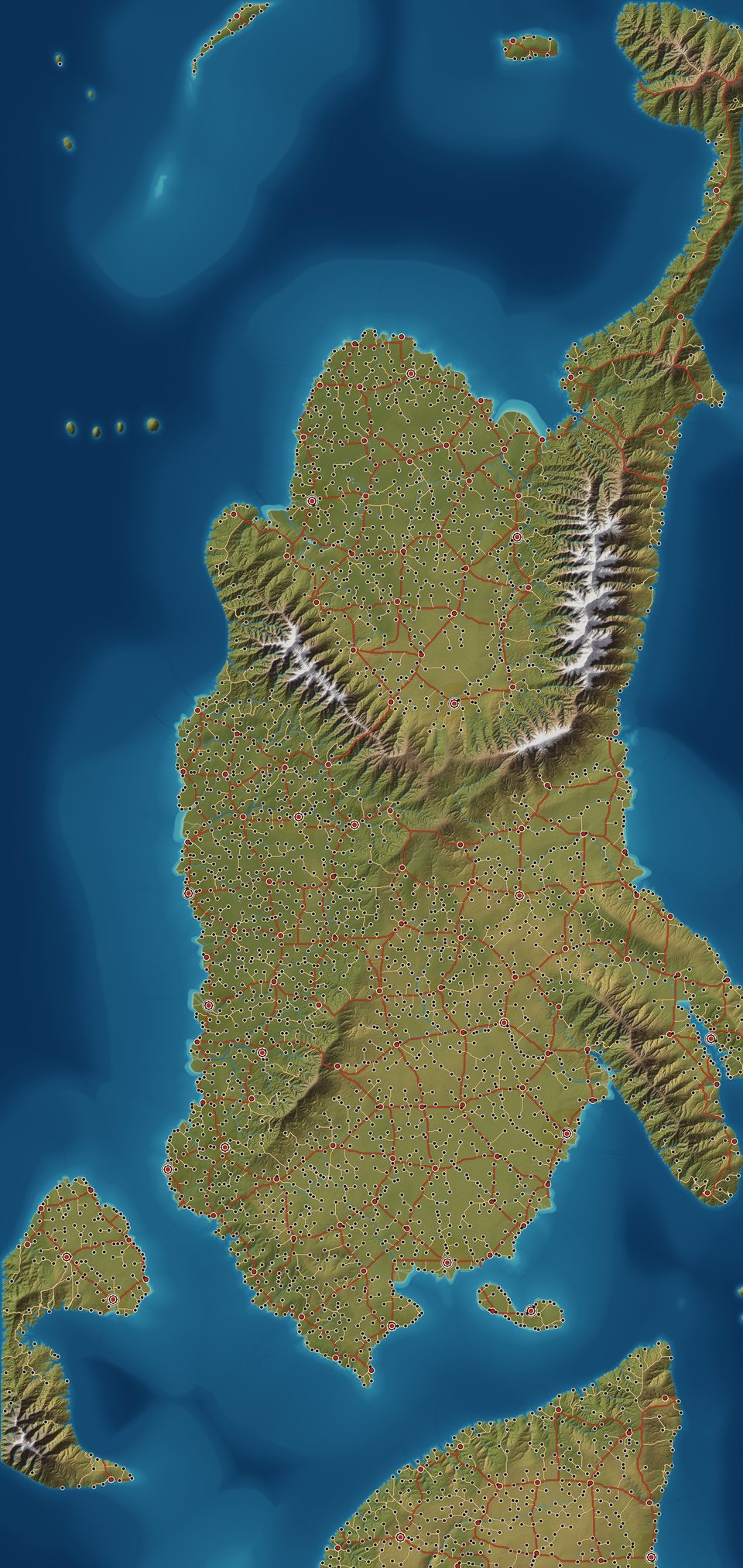 Atlas overview of a full-size generated continent: snow-capped ranges, green lowlands, roads and settlements in a deep blue sea