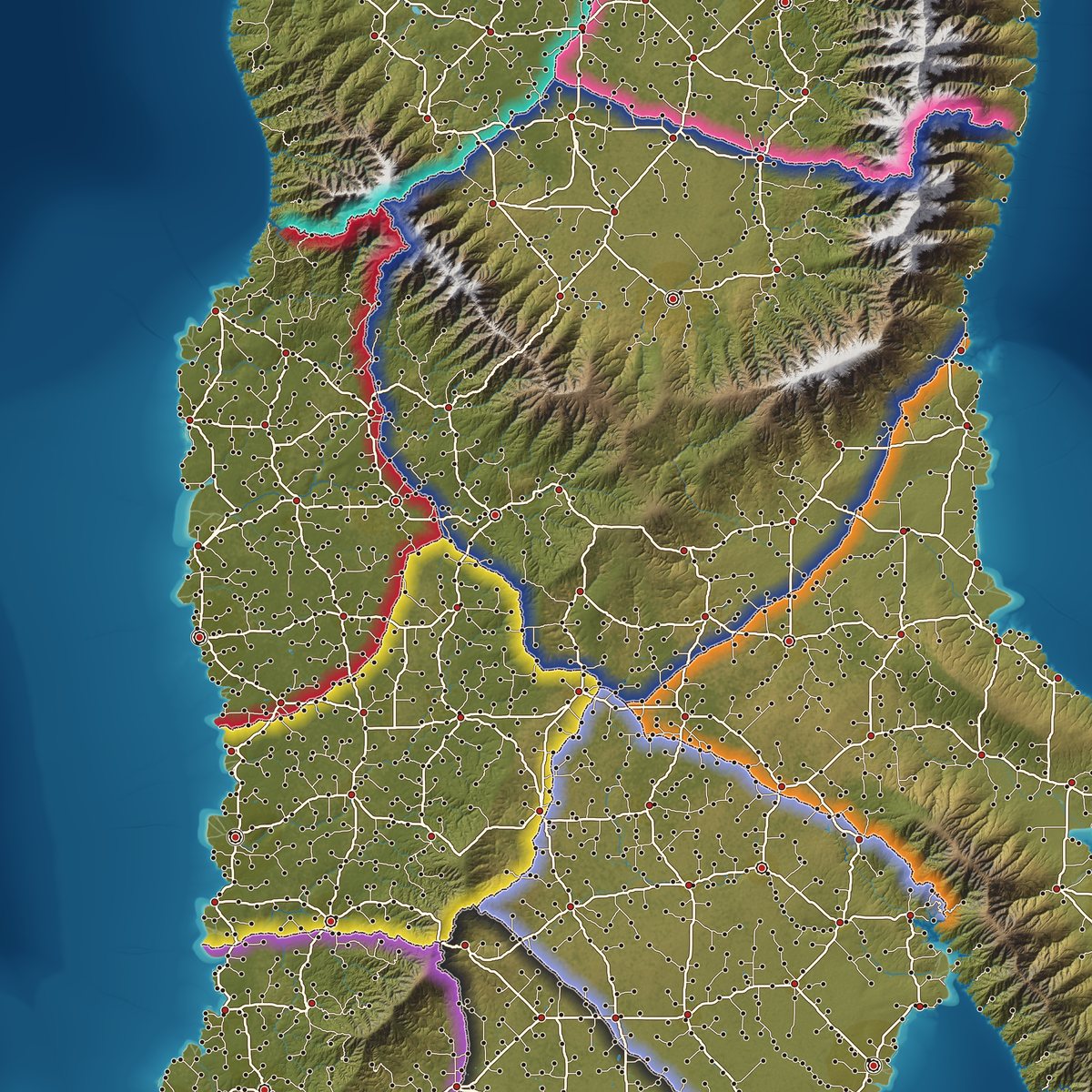 Political map: realm borders in colour bands, ivory roads and settlement dots
